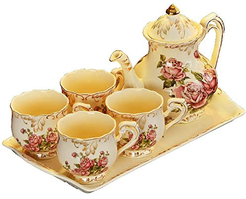 sjdoPulse Japanische Teekanne Im Hofstil, Keramik-Teeservice Für Erwachsene, Porzellan-Teetassen-Set, Kaffeetasse Und Untertassen-Sets, Nachmittagstee-Set, Service, Alte Landrosen