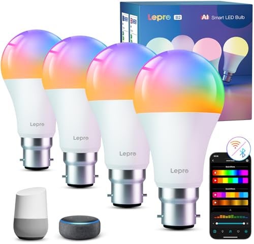 Lepro AI Smart Bulb B22, 1100lm WiFi Bulb, Music Sync Colour Changing Light Bulbs, Personalized AI Lighting Designer, Dimmable, Voice Control, Works with Alexa & Google Assistant, 4 Packs