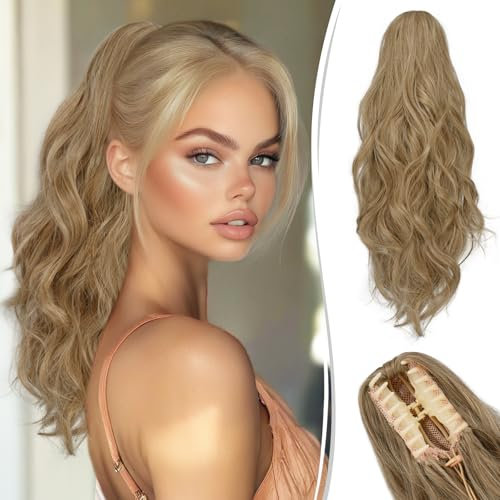 RUWISS Coda Capelli Extension con Pinza, Lunga Ondulati Ricci Coda Finta Capelli 45 cm Sintetici Posticci per Capelli Coda di Cavallo per Donna Signore Biondo Misto Biondo Cenere