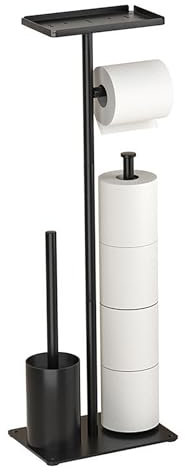 Toilet Roll Holder with Toilet Brush - Toilet Roll Holder Free Standing with Shelf for Wet Wipes, Toilet Roll and Brush Holder Free Standing, Matte Black Toilet Brush with Holder for Bathroom Home