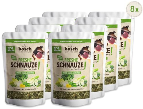 Bosch Freshe Schnauze - Knackig grünes Ackergemüse 8 x 200 g | Topping für Hundefutter | Für Trockenfutter und Nassfutter geeignet | mit frischer Zucchini, Spinat, Brokkoli, Fenchel & Chicorée