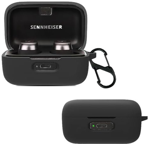 carinacoco Silicone Case for Sennheiser MOMENTUM True Wireless 4 with Carabiner, Soft and Flexible, Ultra-Thin Shockproof Cover Slim-Fit Anti-Fall Earphone Case, Black