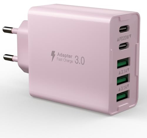 USB Ladegerät, USB Stecker Mehrfach 5 Ports USB Charger ladestecker usb schnellladen, 50W netzteil, PD 3.0 Power adapter usb für iPhone 16 15 14 13 12 11, Samsung Galaxy, Pixel, Handys, Tablets (Rosa)