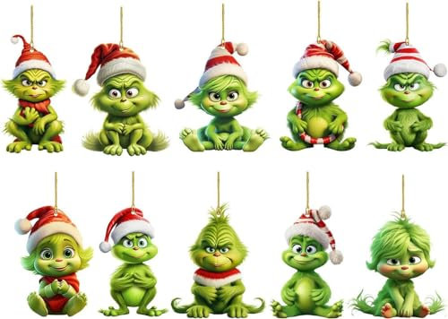 10 adornos de Navidad para decoración de árbol, acrílico lindo divertido muñeco verde colgantes de Navidad para día festivo, árbol de Navidad, fiesta, decoración del hogar