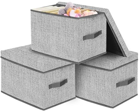 Storage Boxes with Lids- Foldable Storage Baskets with Sturdy 2 Handles, (3 Pack) Collapsible Storage Bin, Cube Organizer for Closets , Bedroom,Nursery,Playroom,Clothes 37 x 26 x 22 cm (Light Grey)