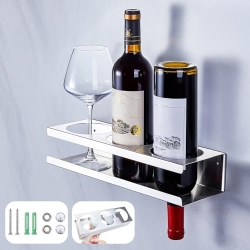 LOXSUN Wandmontierter Weinhalter, SUS304 Edelstahl Weinglas Halterung, Flaschenregal Selbstklebend oder Gebohrt, Weinregal Hängend, Gewürzregal Ohne Bohren für Küche, Wohnzimmer, Esszimmer, Silber