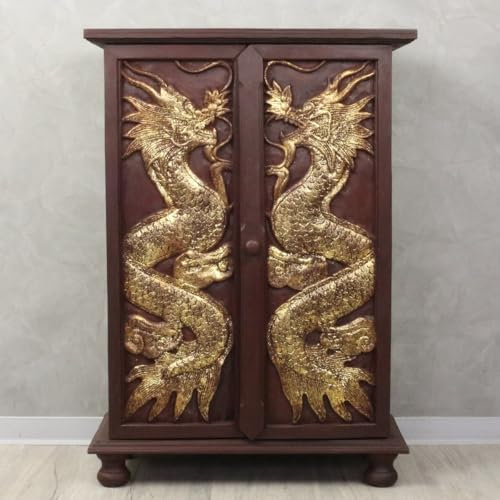 Oriental Galerie B-Ware Flurschrank Kommode Anrichte Barschrank Drachen Motiv Rattan 90cm Braun Gold