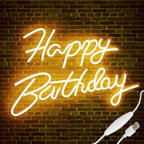 Gresonic Happy Birthday Neon schild, Warmweiße LED Neonlicht, USB-betriebene Party-Leuchtreklame, Deko Leuchtschild für Geburtstag, Bar, Zimmer, Club, Wandlichter Dekoration (H-B)