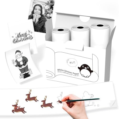 T02/Q02E/M02/M02L Weißes Selbstklebendes Thermopapier - 50mm x 3500mm Aufkleberpapier für Fotos, Lernen, Notizen, Tagebücher, DIY, Memos, Öl-und Wasserfest, 10 Jahre Haltbar, 3 Rollen