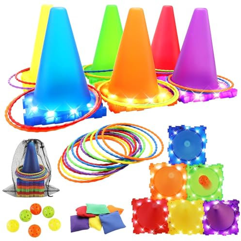 4-in-1 Carnival Games for Kids with LED Lights,31Pcs Outdoor Toys for Toddlers-Ring Toss Game,Bean Bag Toss Game,Soft Plastic Cones,Multiple Throwing Target Models,Outdoor Garden Carnival Party Games