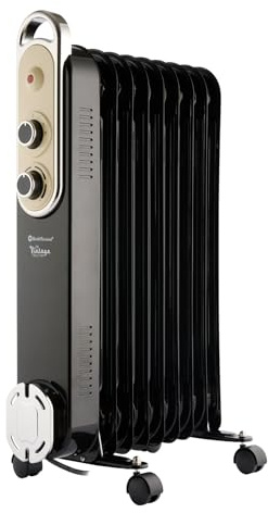 Rediffusion Oil Filled Radiator, 2000W, Vintage, 9 Fin, Variable Heat, Adjustable Thermostat, Overheat Protection, Tip-Over Switch, Compact & Portable, Long-Lasting Warmth, Black - REDB14KBLKE