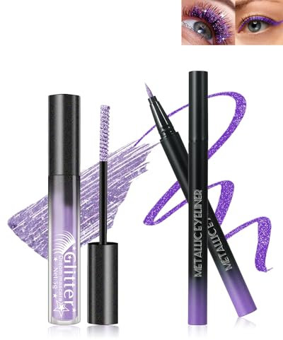 Lila Glitzer Mascara & Eyeliner Set, Diamond Shimmer Wimperntusche Länge and Volume, Liquid Ultrafeiner Metallic Glitter Eyeliner, Wasserfest Langlebig, Hochpigmentiert Augen-Makeup für Cosplay Party
