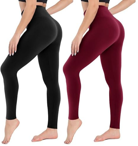 CAMPSNAIL 2er Pack Leggings Damen Schwarz High Waist Sport Leggins Blickdicht Sporthose für Gym Yoga(Schwarz&Weinrot,L-XL)