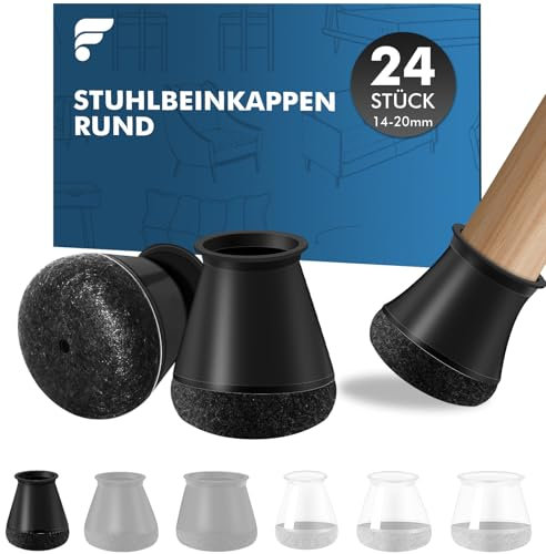 shinfly Stuhlbeinkappen Rund 24 Stück, Schutzkappen für Stuhlbeine, Silikon Stuhlbeinschoner für Stühle & Bodenschutz, Filzgleiter für Schräge Stuhlbeine, Geräuscharm【Schwarz Fit:14-20mm】