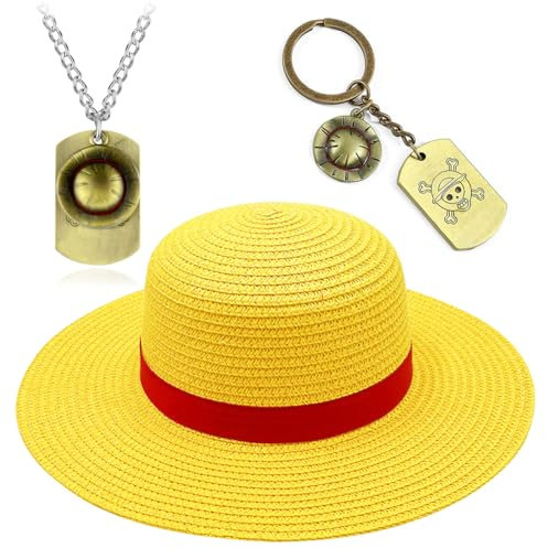 ZGCXRTO 3PCS Collana di pirati Cappello di Paglia,One P Portachiavi,Cartoon Anime Cappello di paglia,Cappello da sole,per feste uomini e donne spiaggia sole cappello di paglia collana anime (C-35CM)