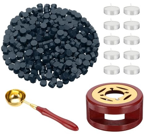 PATIKIL Wax Seal Kit, 360 Pcs Wax Beads Stamp Seal Kit Envelope Letter Pellets with Warmer, Spoon and Tealight Candles for Stamp, Dark Blue