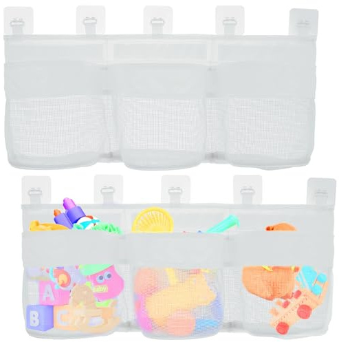 2Pcs Bath Toy Storage Net 60cm Mesh Oxford Cloth Bath Toy Net with 3 Large Compartments Quick-Drying Bathroom Baby Toys Holder Bag for Accessing & Sorting Toys