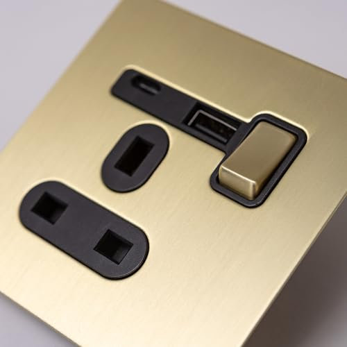 Satin Brass Straight Knurled Switches and Sockets (Single 13A socket with USB A & C)
