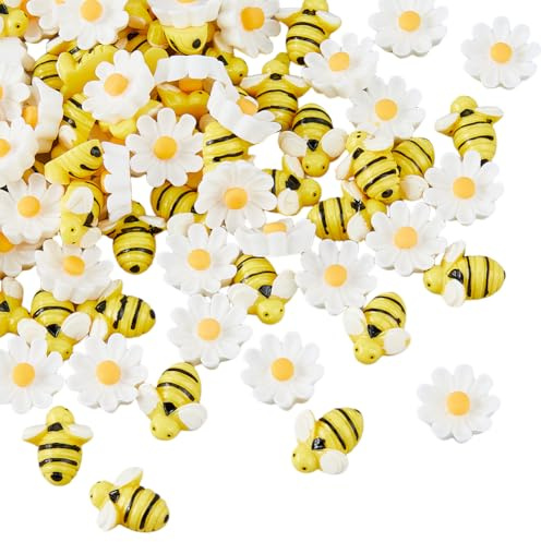 Hobbspring 100pcs Bee Flower Resin Craft Cute Mini 3D Bumble Flatback Tiny Ornaments DIY Daisy Accessories Phone Case Box Photo Frames Embellishments for Hair Clips and Nail