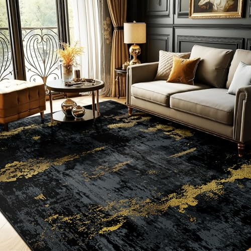 RELEANY Washable 5'x7' Abstract Area Rug for Living Room Black Gold