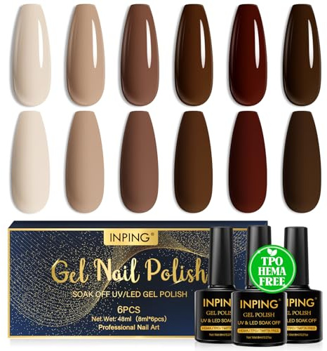 INPING UV Nagellack TPO-FREE Nude Braun 6 Farben Gel Nägel 8ML | Nude Braun Neutral Beige Khaki Herbst Winter Maniküre Soak-Off UV/LED Gel Nagellack UV Set Ideal Geschenk für Frauen