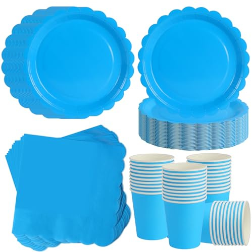 120 Pezzi Azzurro stoviglie per feste di compleanno per 40 Ospiti | 18 cm piatti carta ondulati, bicchieri carta, tovaglioli, cerimonia del nome, compleanno estate.