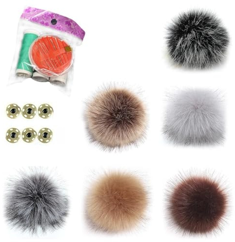 HECHKJ 6 Stück Set Mützen Pompons, abnehmbare Fellpompons mit Druckknopf, 6 Farben, inkl. Nähset, für Mützen, Schals und Strickaccessoires