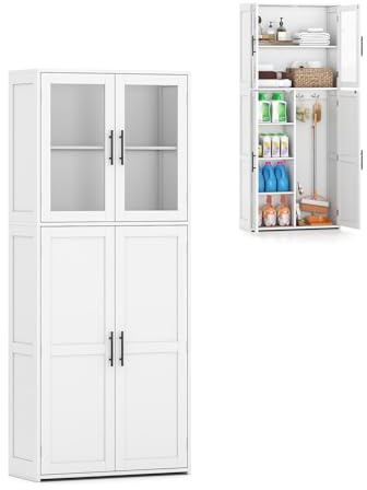 GIANTEX Mehrzweckschrank Hoch, Badschrank Hochschrank mit 4 Türen, verstellbaren Einlegeböden & 2 Haken, Aufbewahrungsschrank für Badezimmer & Wohnzimmer, 70 × 30 × 168,5 cm, Badezimmerschrank Weiß