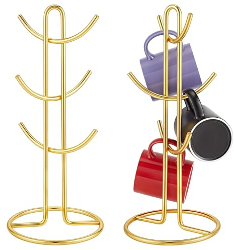 INTERWARM 2Pcs Mug Holder Tree with 6 Hooks,17.3x39cm Iron Coffee Cup Holder, Mug Tree for Storage and Organization of Coffee and Cup(Gold)