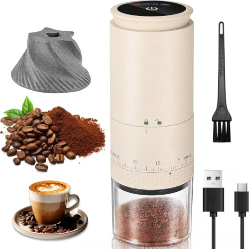 YGVQN Molino de Café Eléctrico Portátil, Molinillo de Café con Muelas Cónicas de Cerámica, 2000mAH Recargable USB, Ideal para Hogar, Oficina, Campamento y Viajes (blanco, L)