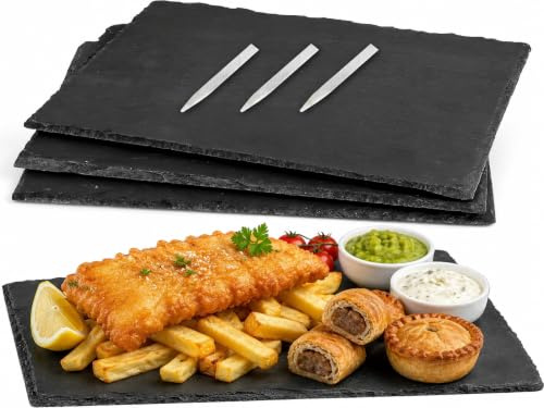 RWFMO 4 Pcs Slate Serving Platters, Black Stone Cheese Boards 30 x 25 cm | Rectangular Slate Charcuterie Boards with 3 Soapstone Chalks for Appetizer, Charcuterie, Sushi, Desserts and Labels