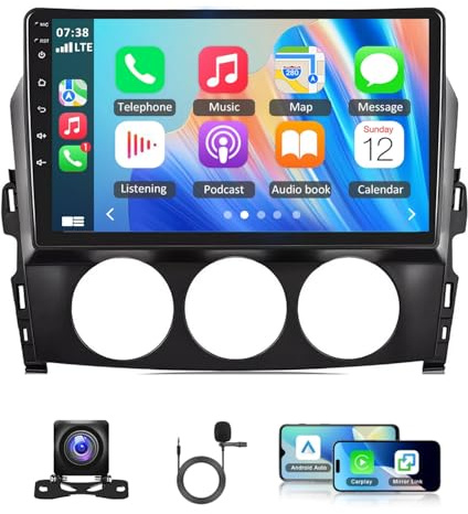 Android 14 4+64G 9 Autoradio für Mazda MX-5 2005-2021 mit Wireless CarPlay Android Auto 2 DIN Touchscreen GPS Navi Quad Core Bluetooth WiFi Mirror Link FM/RDS SWC Rückfahrkamera MIC