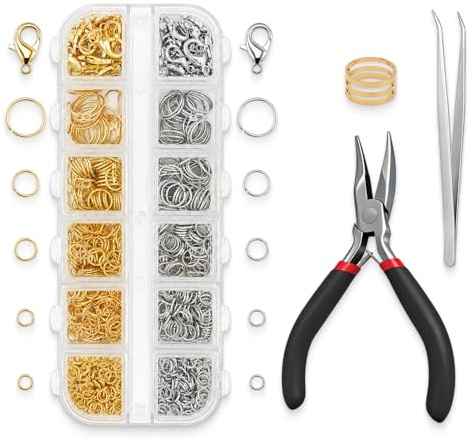 Schmuck Biegeringe Set 1200 Stück Gold & Silber – Jump Rings & Kettenanhänger Zubehör Set mit Karabinerverschlüssen, Zange, Pinzette & Öffner Werkzeug – Ösenringe für DIY Schmuck basteln & Reparatur