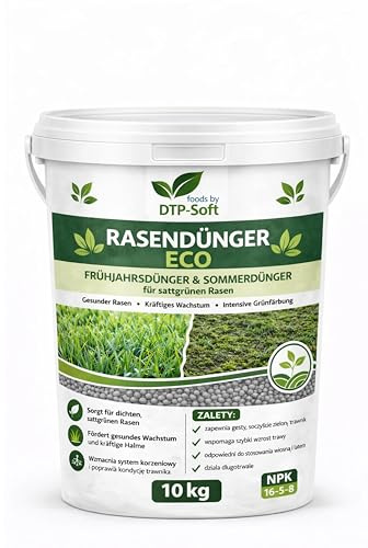 Rasendünger ECO 10 kg - Rasendünger Frühjahr Sommer Herbst - Dünger für sattgrünen Rasen - NPK Lawn Fertilizer für dichten Zierrasen und Gebrauchsrasen
