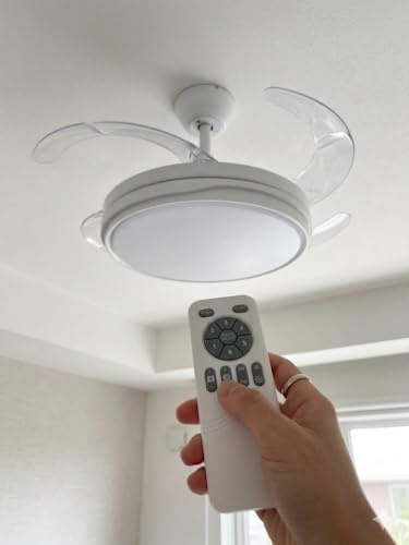 Genérico Ventilatore da soffitto con luce LED regolabile, 4 pale trasparenti, motore DC silenzioso, 6 velocità, funzione inversa estate/inverno, 60 W, con telecomando