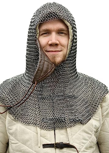 Ulfberth Kettenhaube mit Dreieckigem Mundschutz Federstahl ID8 mm | Unbehandelt, Historische Mittelalter Replik für Reenactment 6 LARP