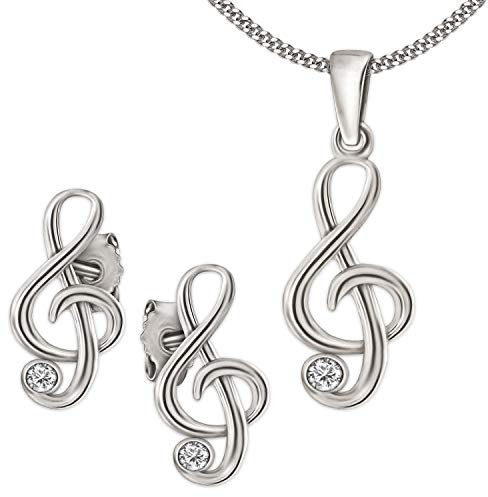 CLEVER SCHMUCK Set Silberne Ohrstecker Mini Notenschlüssel Zirkonia weiß, passender Anhänger & Kette Panzer 40 cm Sterling Silber 925 im Schmucketui