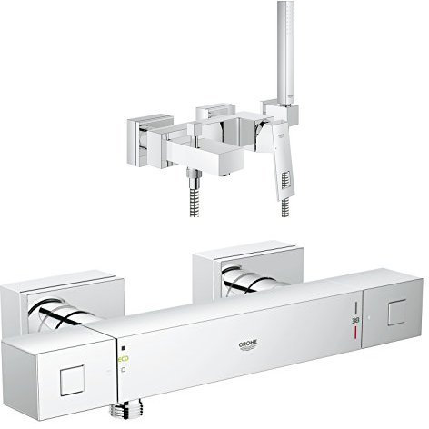Grohe Eurocube Einhand-Wannenbatterie (mit Handbrause Wandhalter und Schlauch und Grohe Grohtherm Cube Brausethermostat)