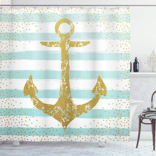 ABAKUHAUS Jahrgang Duschvorhang, Marine Golden Anchor, Stoffliches Gewebe Badezimmerdekorationsset mit Haken, 175 x 200 cm, Blassblau Weiß