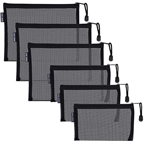 Nylon Mesh Cosmetic Zipper Bags, 6PCS Black Makeup Pouches Pen Pencil Organizer Case for Travel Purse Diaper Bag (A5 x 3pcs, A6 x 3pcs)