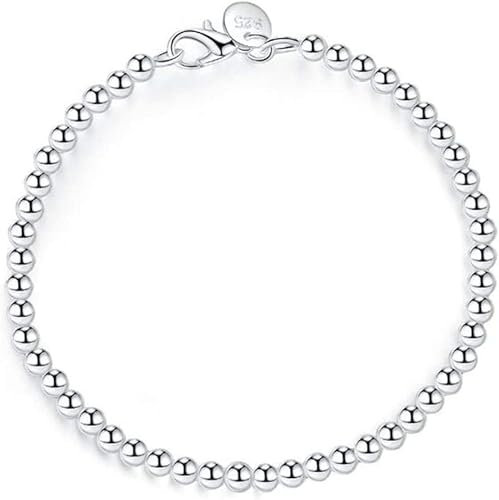 Ladies Silver Bracelet,Charm Lady 925 Sterling Silver Retro Bracelet Fashion 4Mm Round Bead Jewelry Personality Silver Bracelet Elegant Atmosphere Comfortable Simple Casual Christmas Engagement Bir