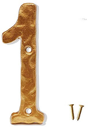 Numero civico da 15,2 cm, in ghisa rustica, resistente, con aspetto martellato, dorato, numero 1