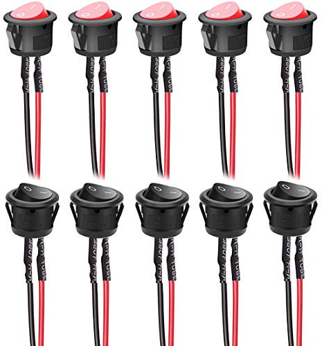 Gebildet 10pcs 10A/125V 6A/250VAC SPST Vorgelötet Runde Wippschalter,ON/Off 2Pins Rocker Kippschalter(Schwarz+Rot)