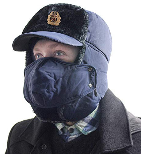 Russen Mütze Herren Winter Warme Bomber Hüte Frauen Mann Ohrenklappen Kappen Schal Männlich Russisch Trapper Thermo Hut Schnee Ski Hut Gesichtsschutz Mützen-Ny_Bk_Soviet_Badge