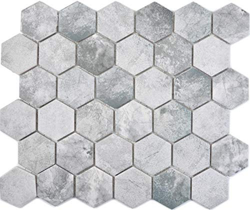 Keramik Mosaik Hexagon Zement hellgrau Mosaikfliese Wand Fliesenspiegel Küche Bad MOS11H-0222_f