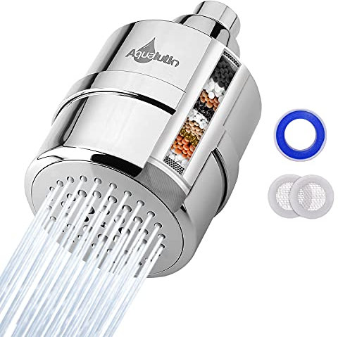 AQUALUTIO Shower Head Water Filter - 15-Stage High Pressure Purifier Bathroom Filtration System For Hard Water, Chlorine & Heavy Metals With Vitamin C & E - 360° Rotation Filter Angle Head