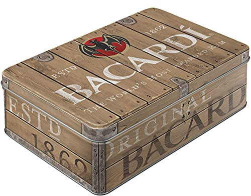 Nostalgic-Art Tarro de Almacenamiento Retro Plano Bacardi-Logotipo de Madera de Barril – Idea de Regalo para Fans del Ron, Lata de Chapa con Tapa, Diseño Vintage, 2,5 l
