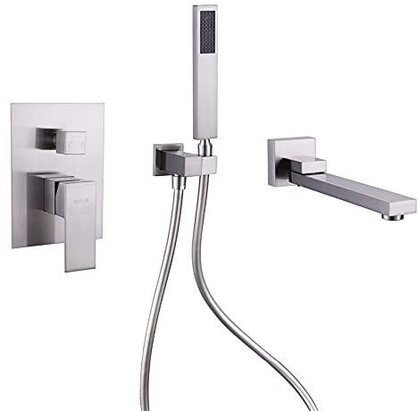 Badewannenarmatur aus gebürstetem Nickel mit Handbrause und 180 ° schwenkbarem Wasserauslauf, Wandmontage-Wannenfüller mit Handbrause, massives Messing, Wasserhahn mit ausgewogenem Ventil, Dealer