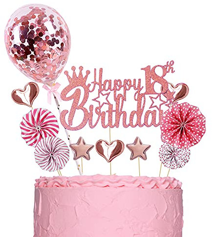 ENYACOS Cake Topper, Happy Birthday Tortendeko 18, Glitzer Cake Topper 18 Geburtstag, kuchendeko Geburtstag mädchen, Rosegold tortendeko Geburtstag mädchen Herzen deko(18Rose)