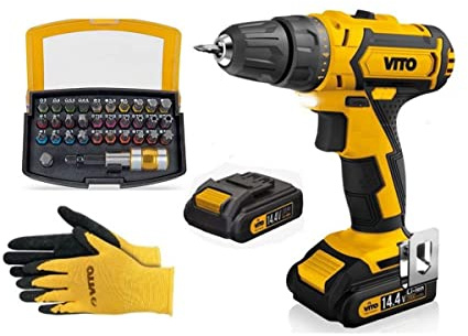 Vitopropower - Taladro atornillador (14,4 V, 2 baterías de iones de litio de 2 Ah, estuche de 32 puntas + guantes + cargador y maletín